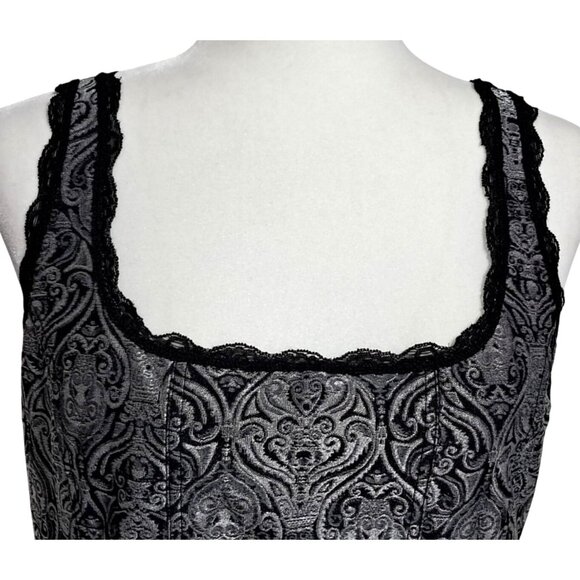 Y2K White House Black Market Whimsigoth Silver & Black Lace Trim Tank Top Corset - Picture 4 of 8